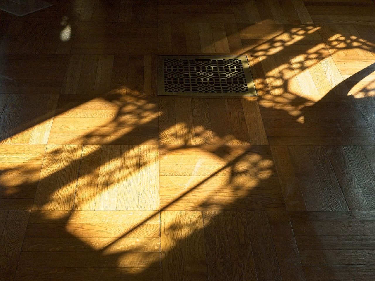 Sunlight casting bright patches and lattice shadows across a parquet floor
