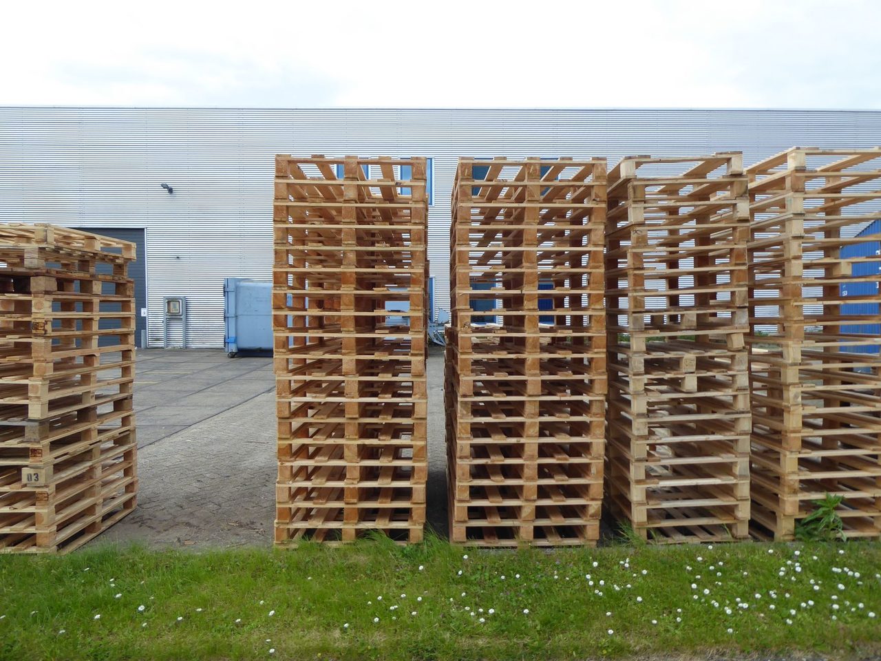 Rows of stacked wooden pallets outside a warehouse