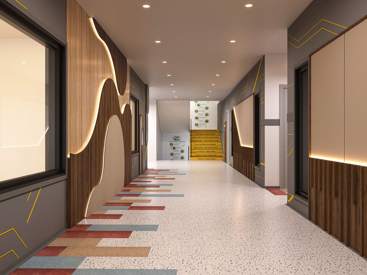 School corridor with a light speckled floor with red, blue and gray stripes, wood wall panels, ceiling lights and yellow stairs ahead.