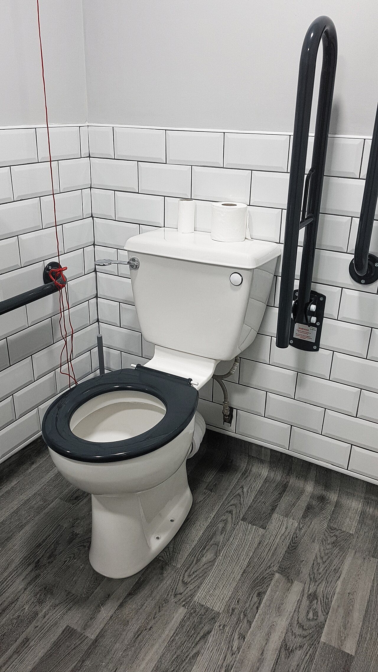 Accessible toilet cubicle with a grey wood-look vinyl plank floor, grab rails and a white toilet