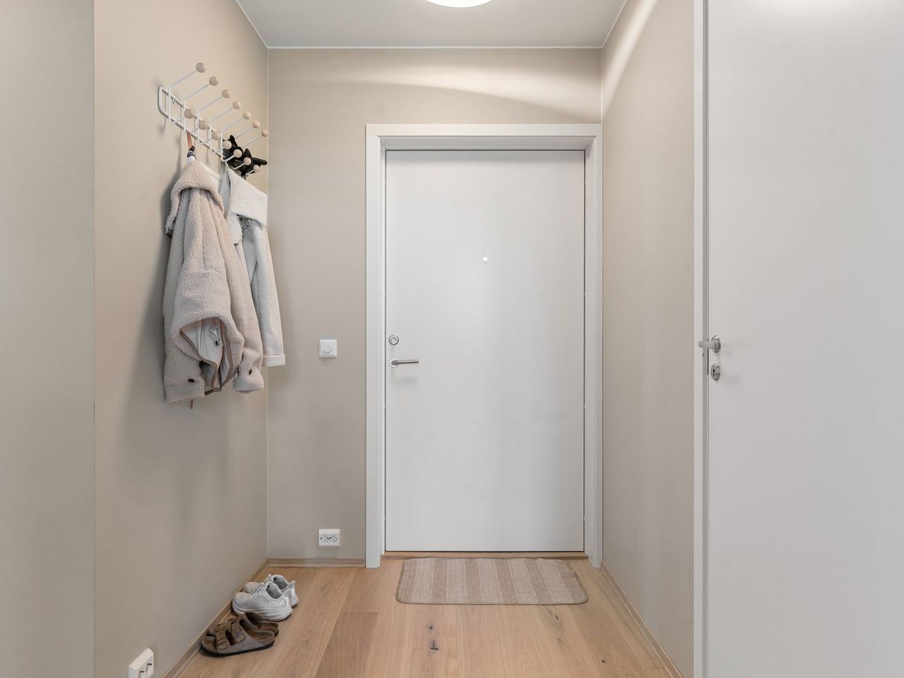 Apartment entrance with a small mat inside a white door on a wood-look floor