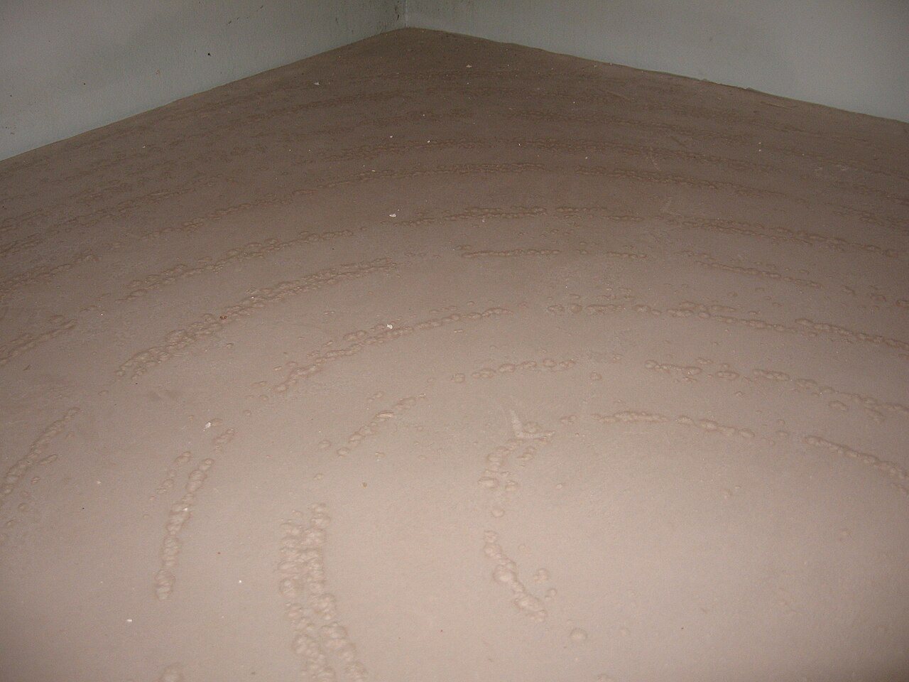 Sand-colored anhydrite screed floor with rows of small blisters raised in curved lines across the surface