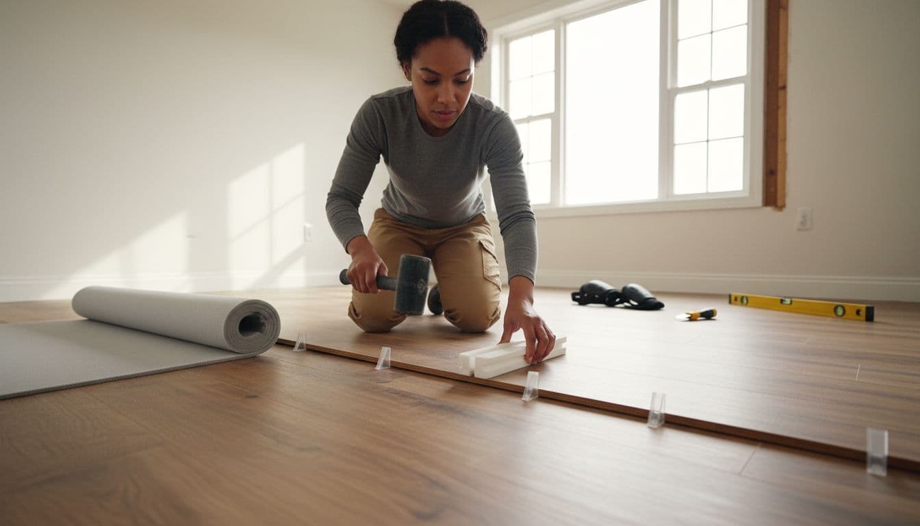 A diverse female flooring installer kneels on the subfloor in a modern residential bedroom renovation, carefully installing luxury vinyl plank (LVP) flooring using plastic spacers and a rubber mallet tapping block.