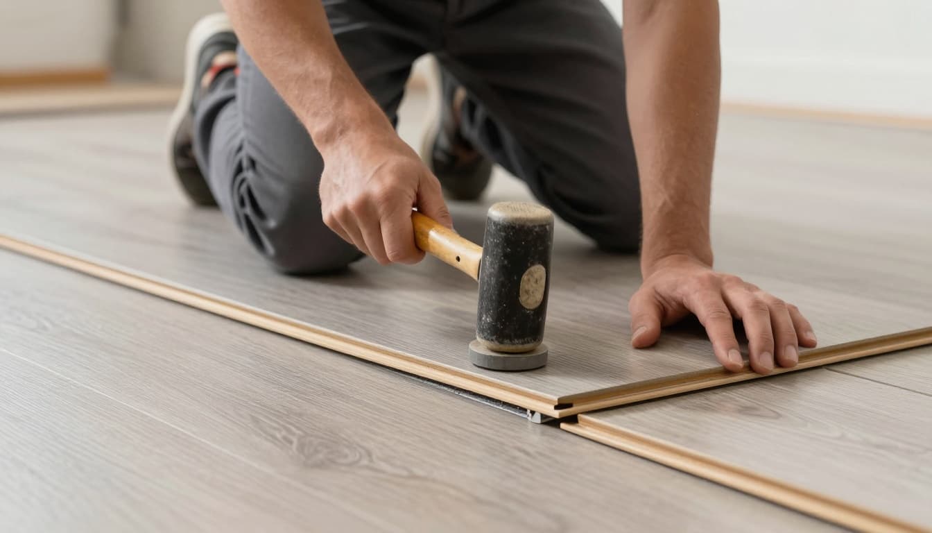 Photorealistic image of an installer kneeling on a prepared subfloor, using a tapping block and rubber mallet mid-swing to seat a click-lock LVP end joint perfectly.