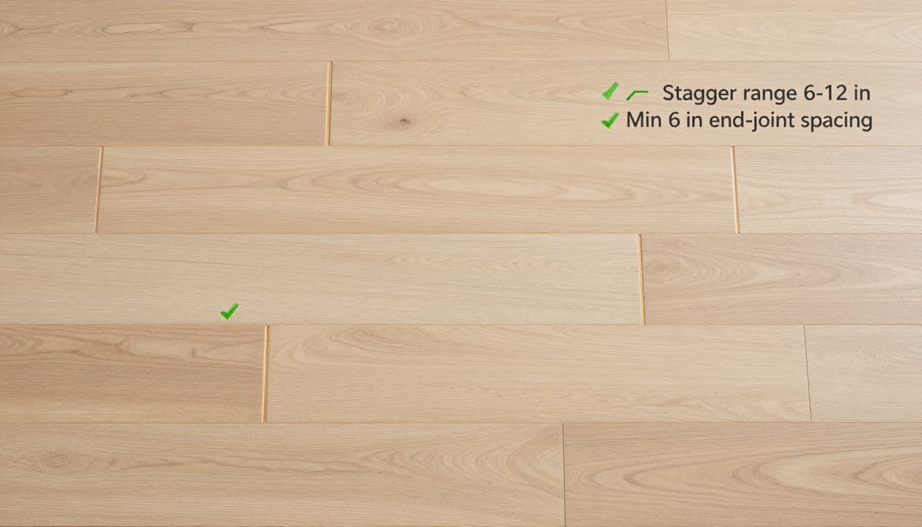 Photorealistic top-down view of proper click-lock luxury vinyl plank flooring installation with staggered end joints offset 6-12 inches, light oak wood-look planks, green check marks, and infographic callouts.
