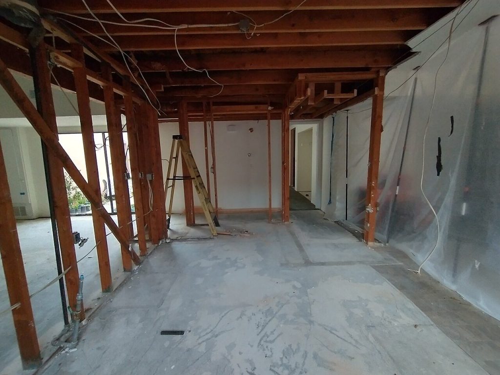 Room stripped to its timber stud framing and joists, with a ladder and plastic sheeting over a bare slab