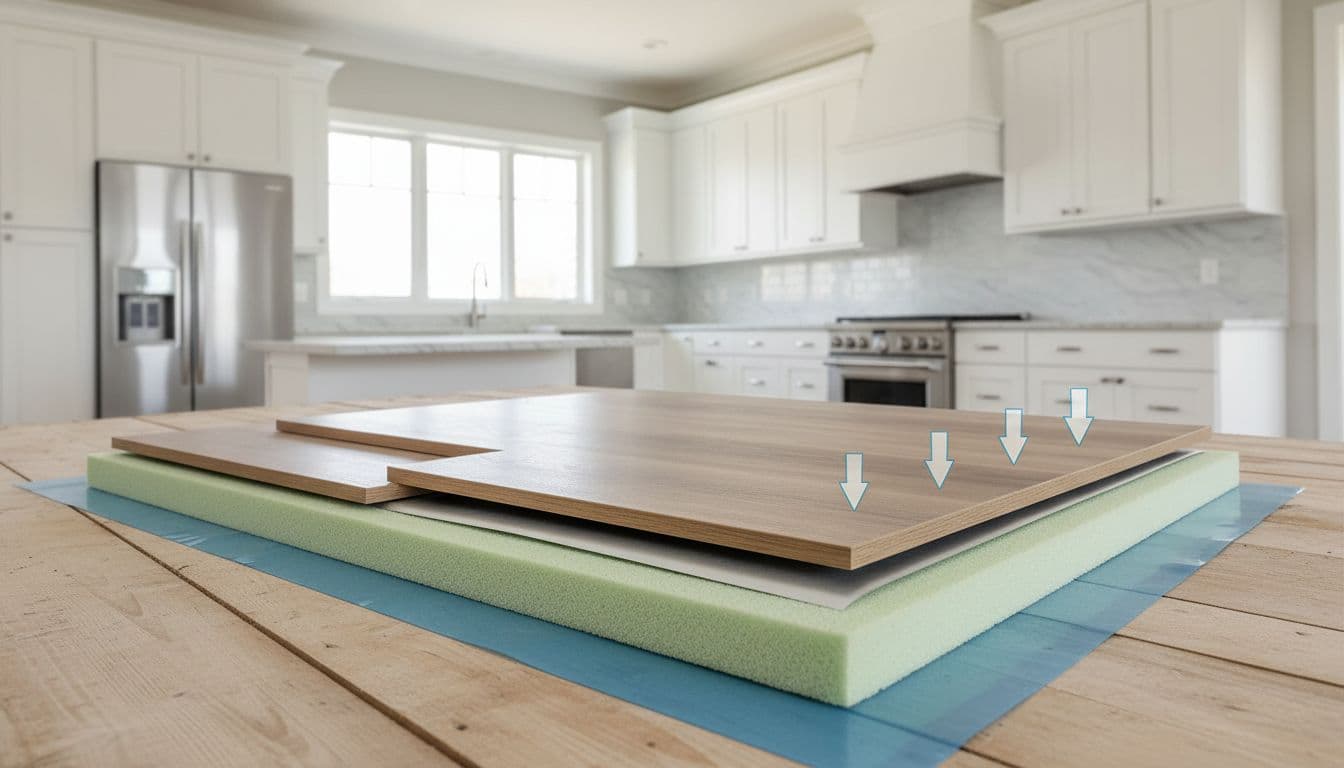 Modern kitchen LVP flooring cutaway showing vapor barrier and underlayment layers