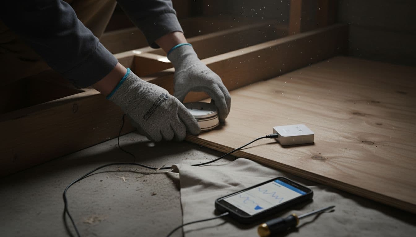 Photorealistic close-up of a flooring contractor's gloved hands installing a small pinless moisture sensor into a plywood subfloor between wooden floor joists in a dimly lit crawlspace. Nearby elements include a wireless gateway module, smartphone displaying moisture and RH readings, dust particles, and tools like a screwdriver.