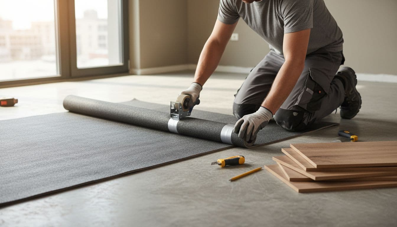 Installer rolling out acoustic underlayment in an apartment