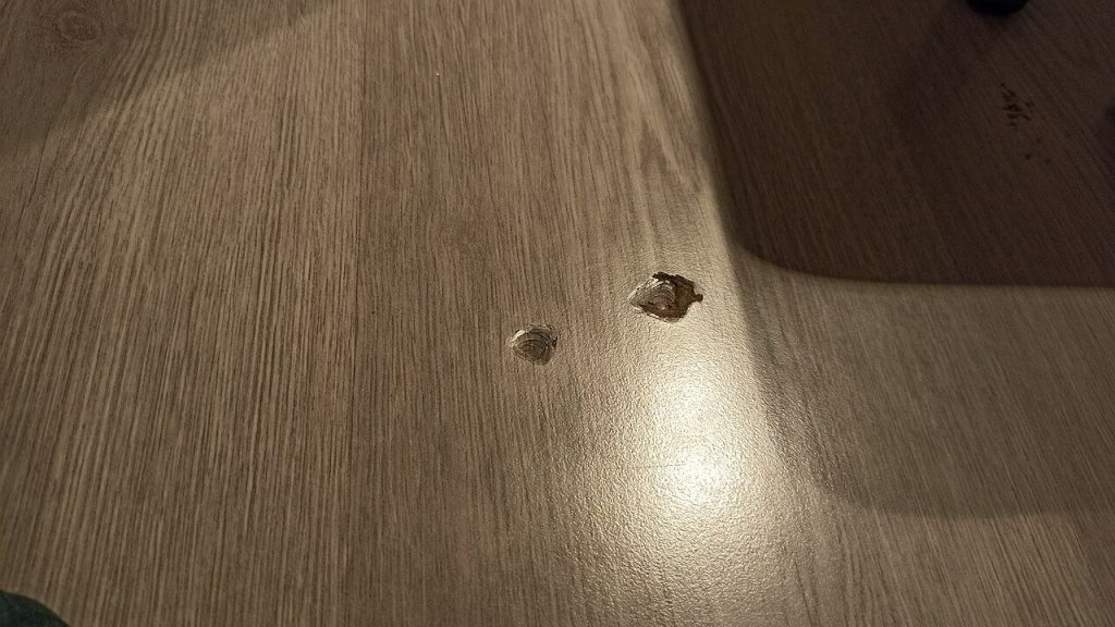 Two gouges in the surface of a grey wood-look plank floor