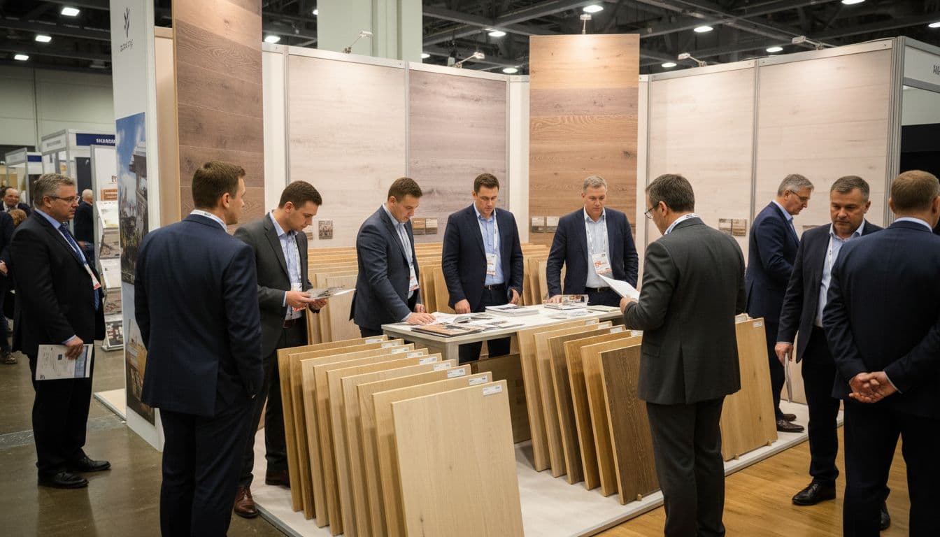 A bustling trade show booth displays white oak flooring samples as professionals view exhibits under bright convention hall lighting, captured from an attendee's dynamic perspective.