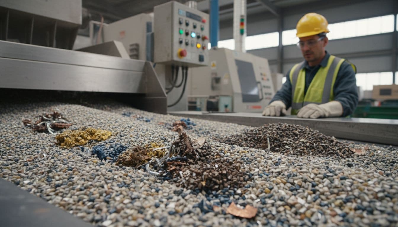 Close-up of low-quality recycled PVC granules with impurities like metal shards and discoloration on a conveyor belt in a flooring production facility, with a worker in safety gear observing.