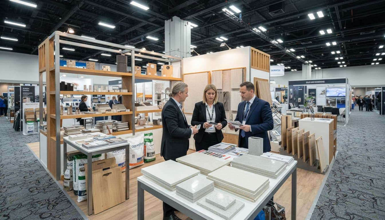 Trade show booth at a flooring industry event displaying gypsum underlayment boards and related products on tables, with exactly four visitors in business attire viewing the displays in a large hall under vibrant lighting.