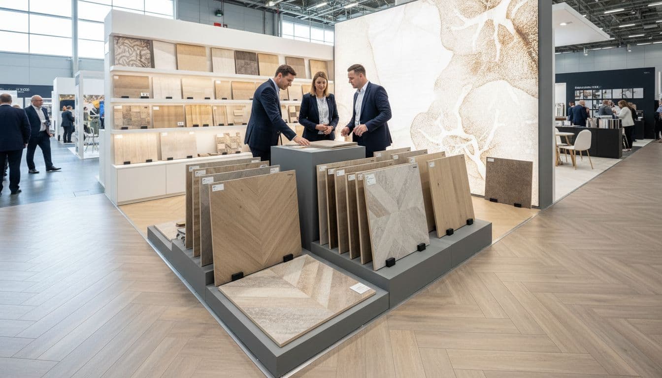 Professionals discuss LVT samples made with sustainable PVC at a bright exhibition hall trade show booth, focusing on flooring displays with natural lighting and exactly three people present.