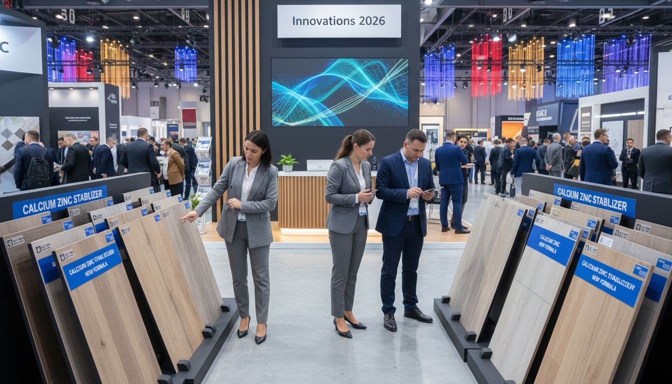 Annual flooring trade show booth showcasing newest SPC and LVT products with calcium zinc stabilizer labels, crowds of professionals viewing samples in a modern convention hall with vibrant lighting and dynamic attendee perspective.