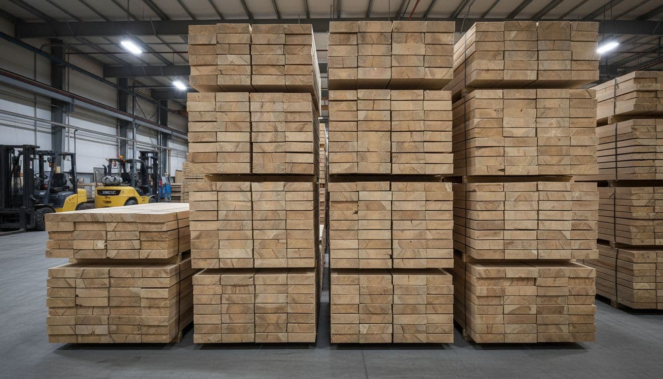 Stacks of quartered white oak lumber organized on wooden pallets in rows inside a modern flooring manufacturing factory warehouse, showcasing natural wood grain under soft overhead lighting with forklifts in the background. High-detail realistic photography highlights the wood texture in an industrial setting without people, text, or logos.