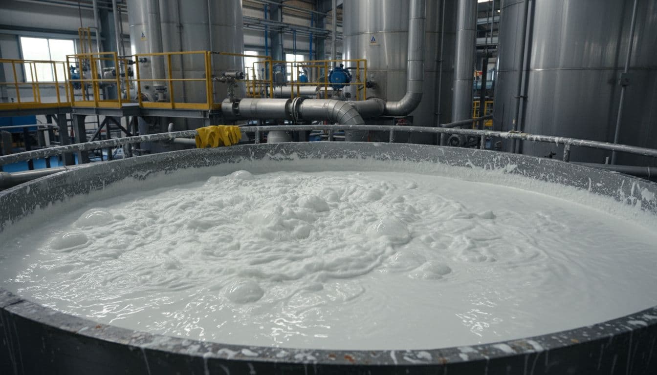 Close-up of SBR latex being mixed in large industrial vats at a flooring manufacturing factory, showing bubbles on the surface, nearby gloves, and steel tanks with pipes in the background.