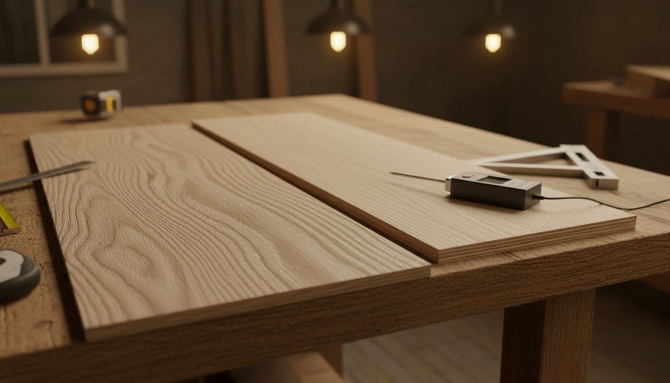 Close-up of solid white oak hardwood flooring planks next to engineered white oak planks on a workshop table, highlighting wood grain differences with a moisture meter nearby under warm lighting.