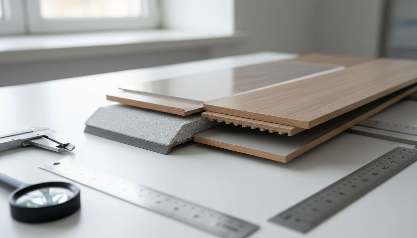 Close-up photorealistic view of an SPC flooring plank cross-section revealing layered structure stabilized with calcium zinc, positioned next to an LVT sample in a lab setting on a white table with measuring tools and soft natural light.