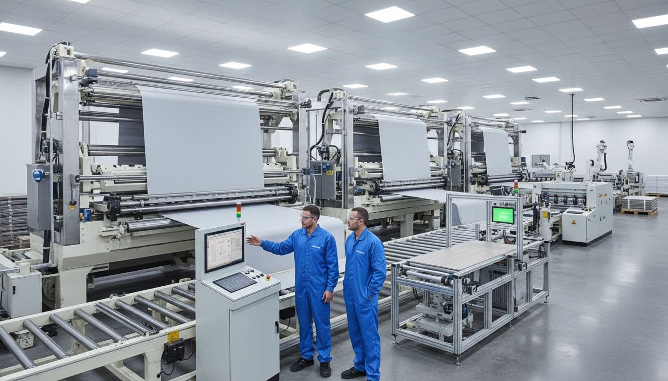 Modern factory interior showing workers monitoring an SPC flooring production line using calcium zinc stabilizers, extrusion machines, and quality control stations in a clean, brightly lit industrial setting.