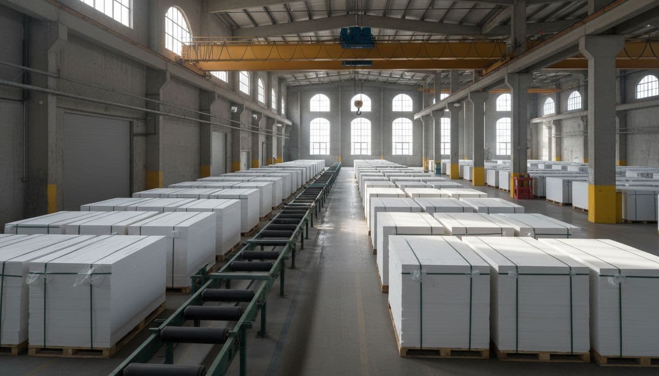 Stacks of white gypsum underlayment panels neatly organized on wooden pallets in a modern warehouse, with conveyor belts and overhead crane in the background under natural daylight.