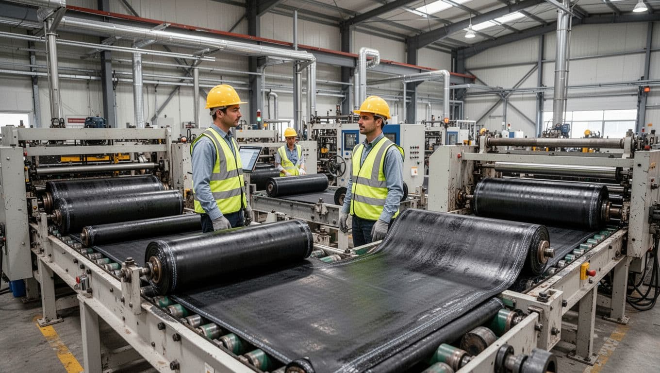 Wide-angle view of a modern industrial factory producing bitumen backing sheets for carpet tiles, with conveyor belts transporting rolls of black sticky material and exactly two workers in safety gear monitoring the machines under natural lighting.