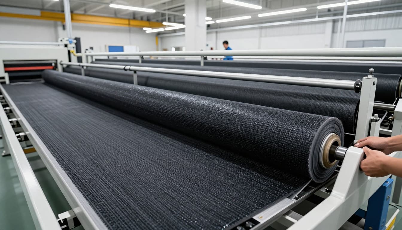Side view of automated carpet tile production line applying bitumen backing, with rolls of carpet pressed onto black material on a clean factory floor under soft overhead lighting.