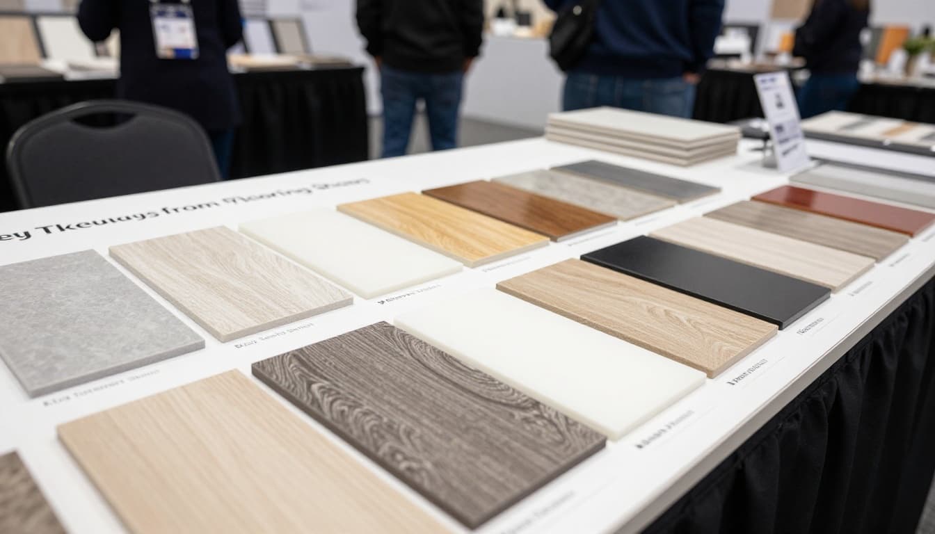 Exhibition booth at flooring trade show displaying colorful homogeneous sheet vinyl samples for healthcare on a table, with blurred visitors in the bright convention hall background.