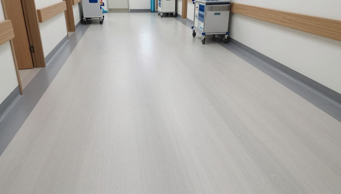 Clean homogeneous sheet vinyl flooring installed in a modern hospital corridor, featuring bright lighting, medical equipment carts in the background, and a wide-angle view of the seamless floor surface in realistic photography style with natural daylight.