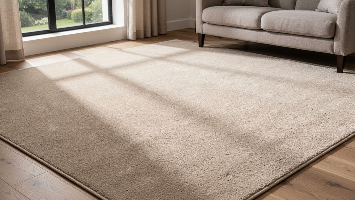 Installed polypropylene value broadloom carpet features a neutral beige tone and seamless pattern in a modern living room. Natural daylight highlights the floor texture in this cozy, clutter-free residential setting.