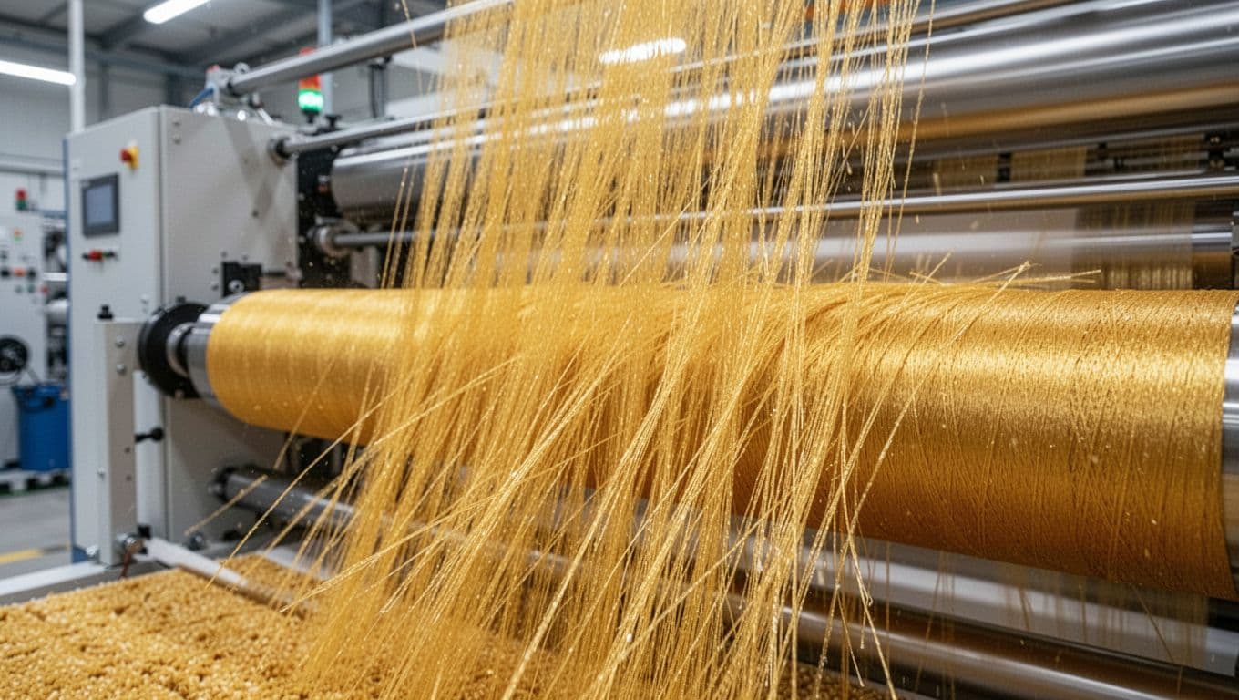 Close-up view of golden yellow polypropylene carpet fibers being extruded and spinning into yarn in a modern flooring manufacturing factory, with industrial machinery in the background under bright lighting.