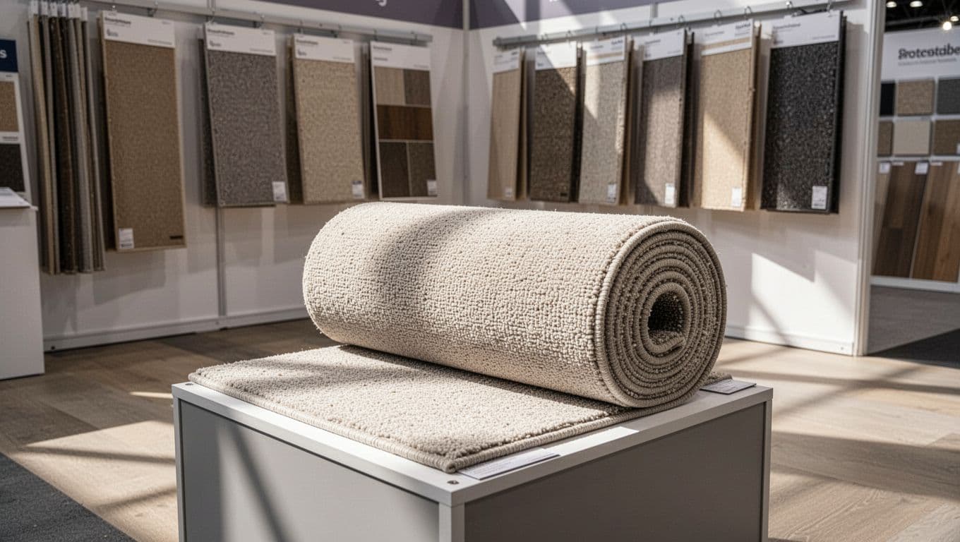 Rolled value broadloom polypropylene carpet in neutral colors displayed at a flooring trade show booth in a showroom with hanging samples and soft lighting.