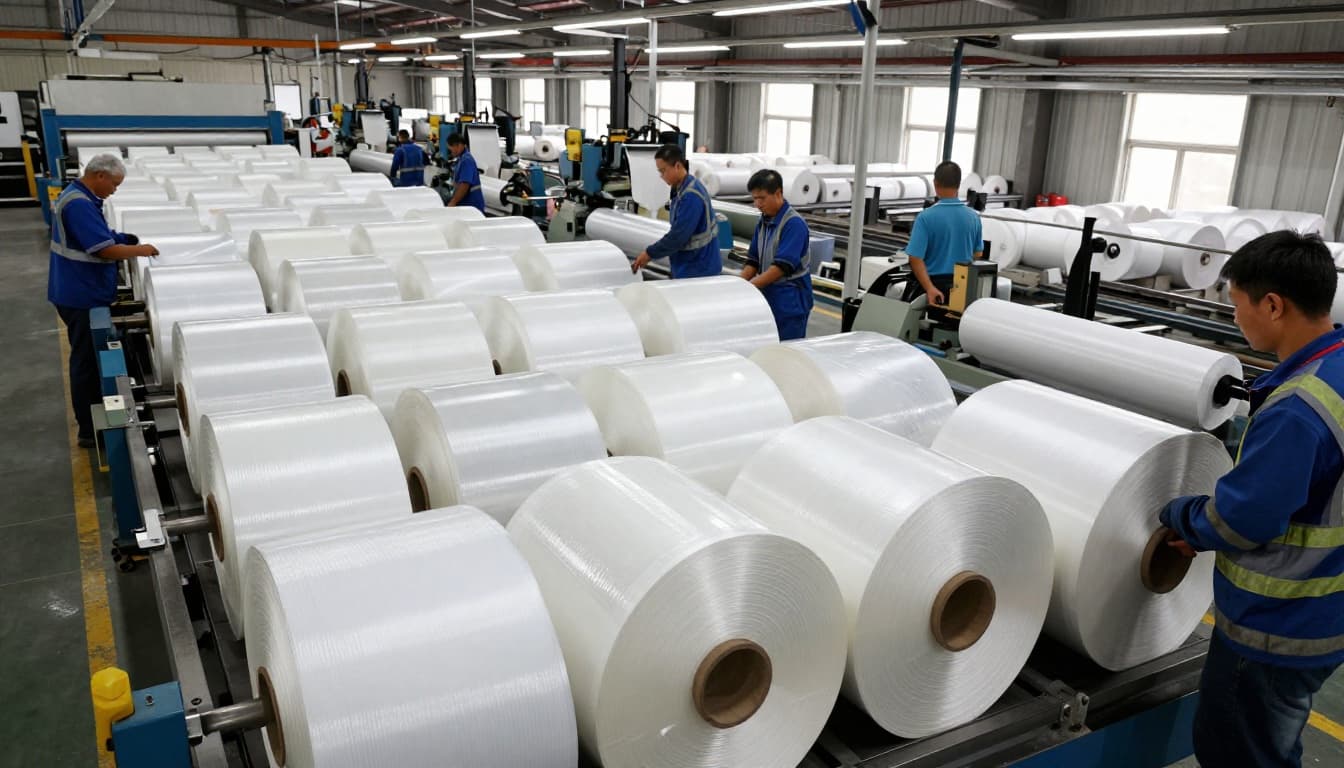 Busy flooring manufacturing factory producing homogeneous sheet vinyl rolls, with exactly two workers in safety gear operating large machines and coils of vinyl on the production line in an industrial warehouse setting.