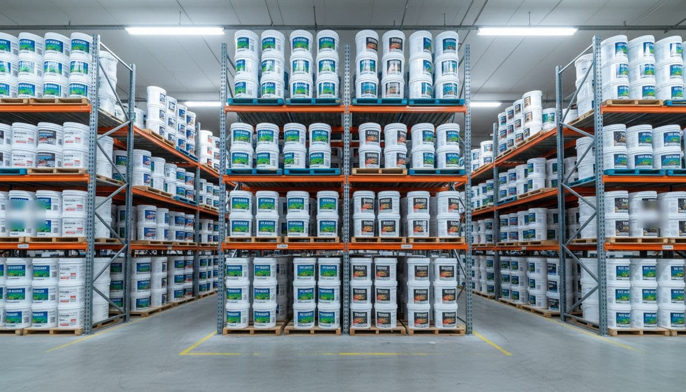 Warehouse shelf stocked with buckets of self-leveler primer and patch compounds in an industrial storage setting, bright overhead lighting, realistic photo focusing on organized supply stacks.