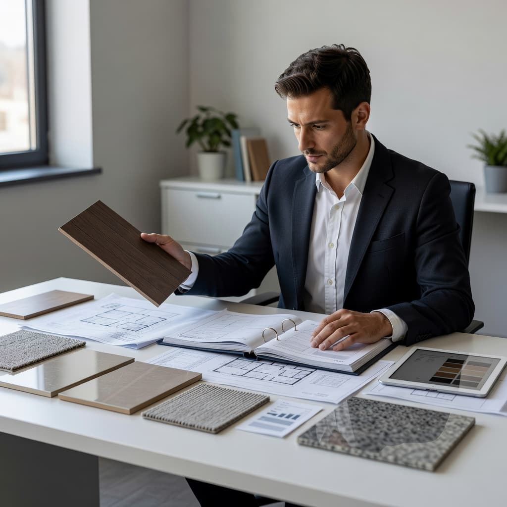 A focused project manager inspects diverse flooring material samples spread across a tidy desk. Bright natural light illuminates the textured surfaces of wood and vinyl planks within the professional workspace.
