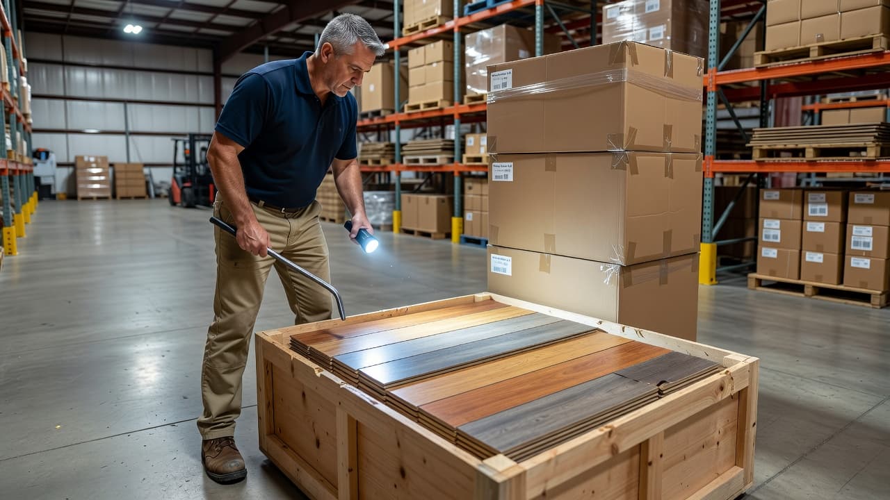 A focused worker in professional attire examines the quality of wooden flooring planks inside a crate. Nearby stacks of cardboard boxes surround the pallet within the bright, industrial storage facility.