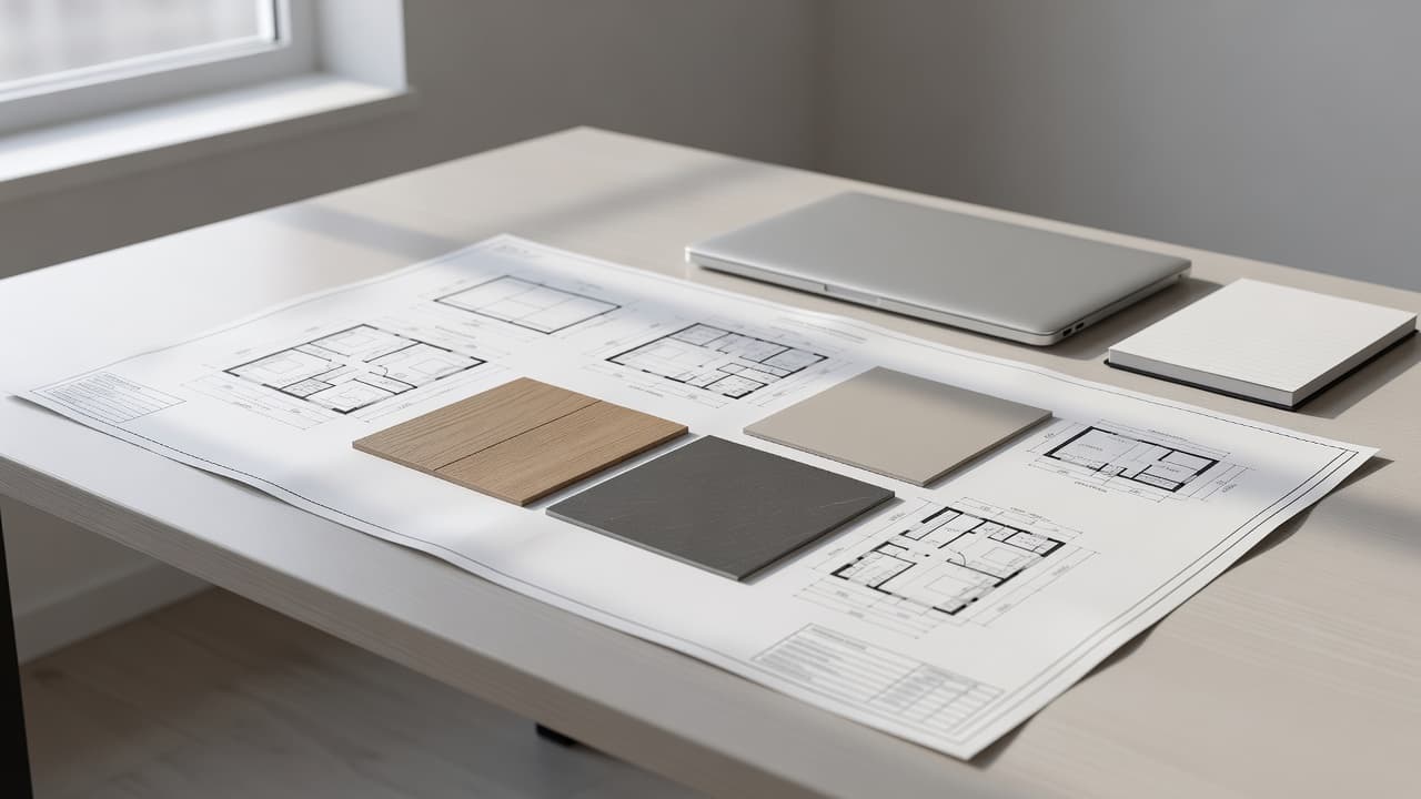 Architectural blueprints lie flat on a clean desk beside textured flooring samples and a neutral color swatch. A closed laptop and a tidy notepad sit nearby under soft natural daylight.