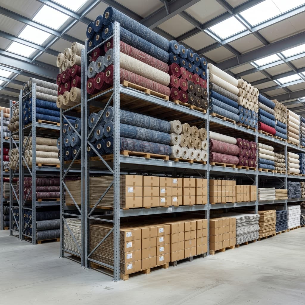 Rows of heavy-duty metal shelving units are filled with neatly stacked carpet rolls and neatly arranged boxes of vinyl flooring. Natural daylight floods the wide, clean aisles of the storage facility.