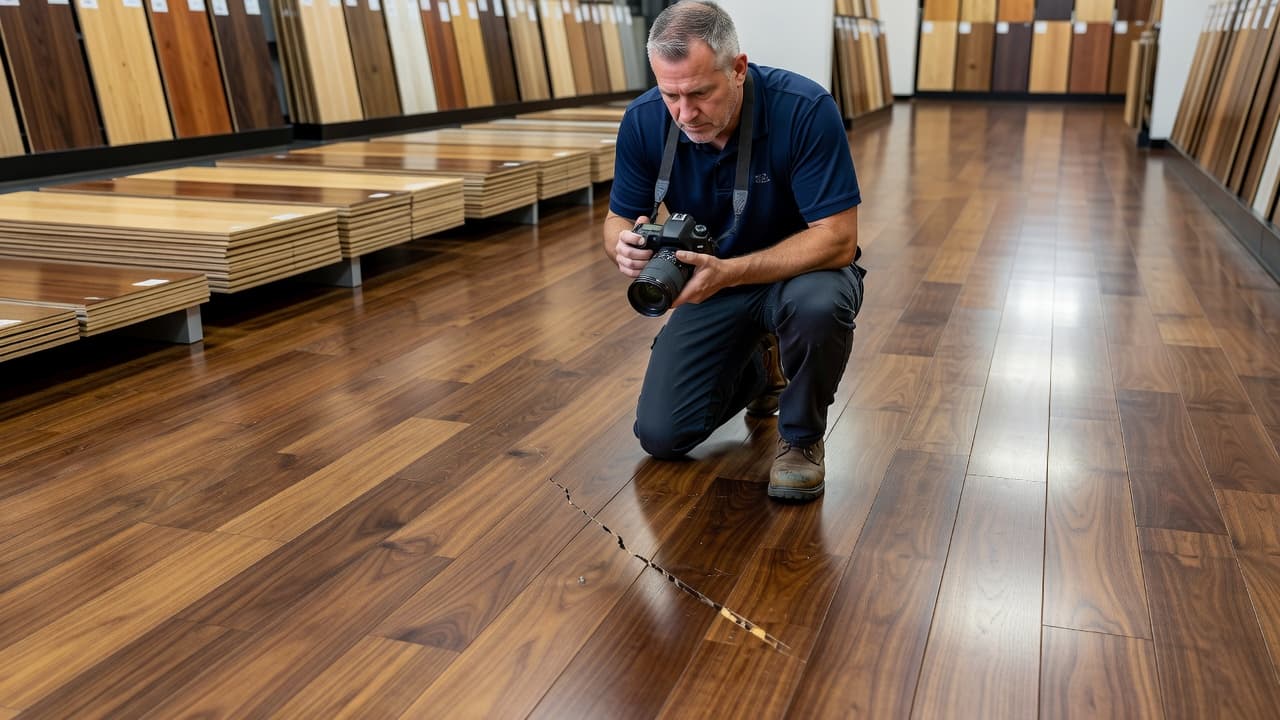 A flooring specialist stands in a brightly lit showroom, leaning down to document surface details of hardwood flooring using a digital camera. The focus highlights the grain and wood texture.