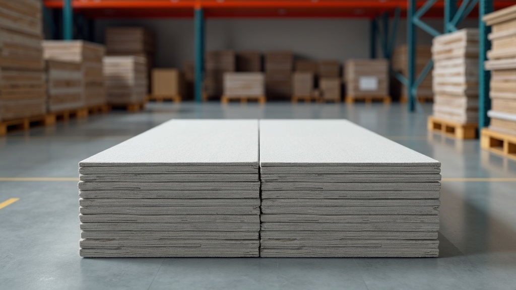 Stacked cement backer board sheets in flooring supply warehouse