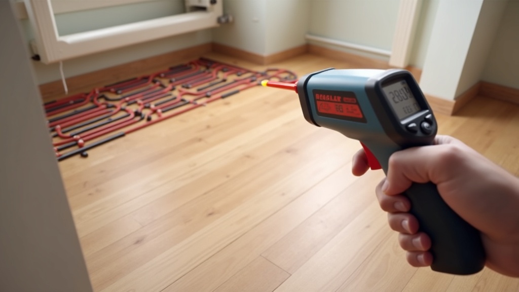 Infrared thermometer checking click-lock LVP flooring over radiant heat system
