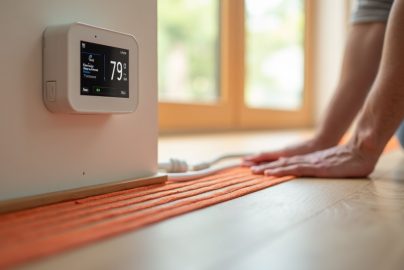Radiant heat sensor placement under click-lock LVP flooring with temperature control panel
