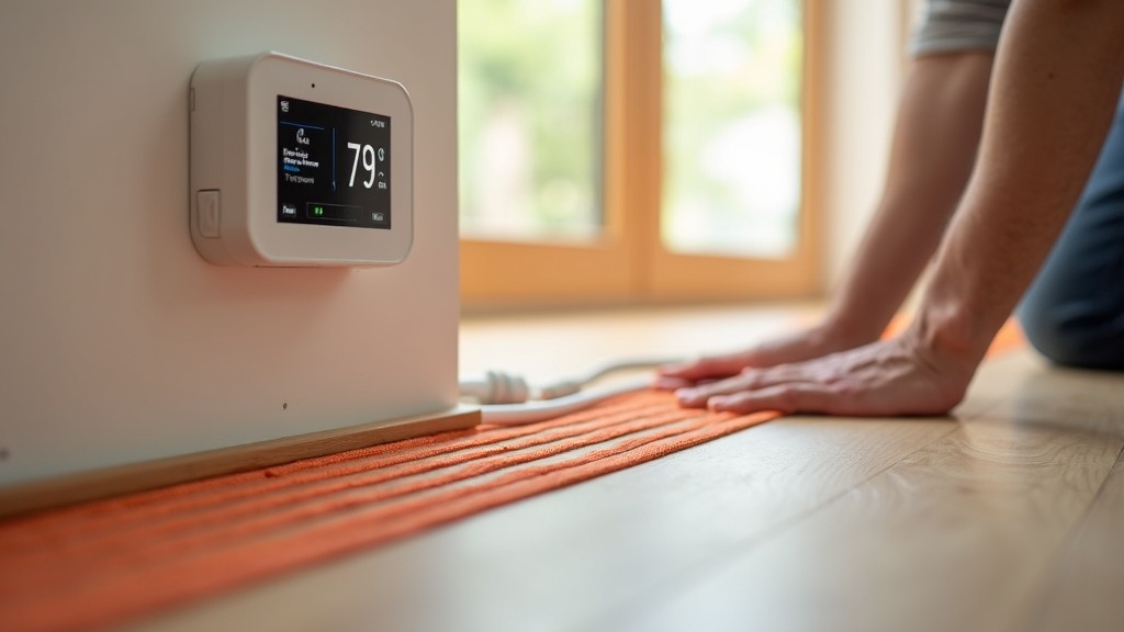 Radiant heat sensor placement under click-lock LVP flooring with temperature control panel