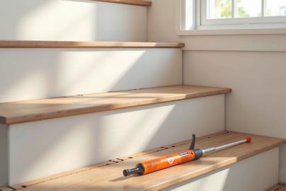Click-lock LVP stair installation showing nosing profile and adhesive application on staircase treads