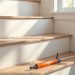 Click-lock LVP stair installation showing nosing profile and adhesive application on staircase treads