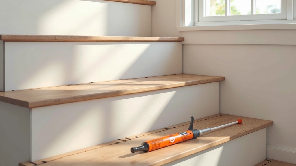 Click-lock LVP stair installation showing nosing profile and adhesive application on staircase treads