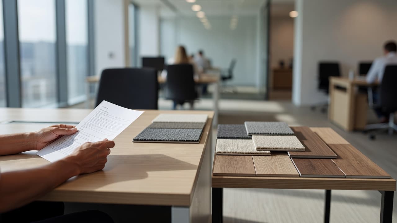A professional holds a printed specification document while seated at a clean desk. Arranged neatly on a nearby side table, luxury vinyl plank and carpet tile samples await inspection under daylight.