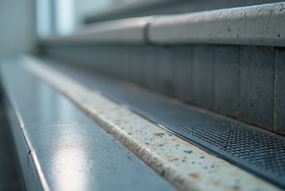Commercial stair tread detail with rubber nosing designed to prevent flooring callbacks