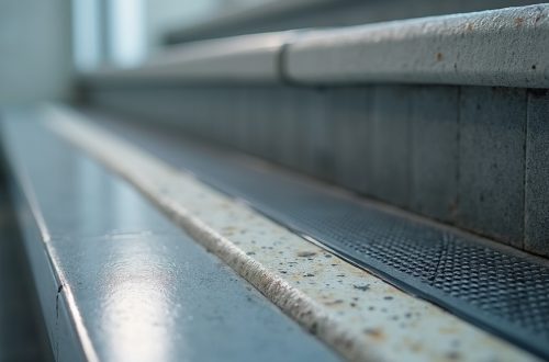 Commercial stair tread detail with rubber nosing designed to prevent flooring callbacks