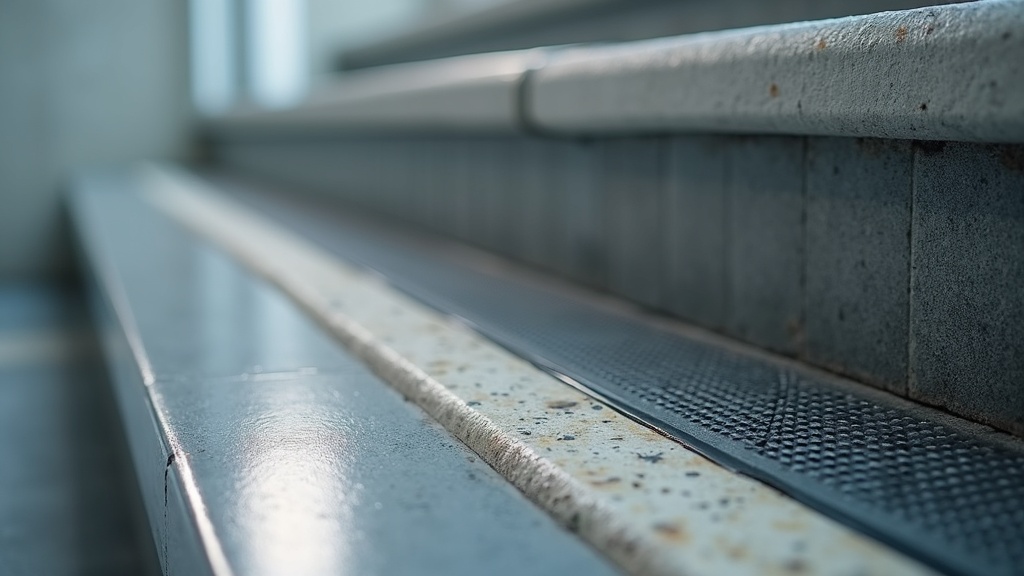 Commercial stair tread detail with rubber nosing designed to prevent flooring callbacks